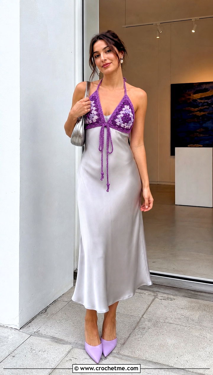 Triangle Granny Square Tie Front Top With Slip Dress - 30 triangle granny square top outfit ideas