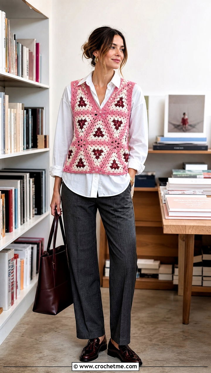 Triangle Granny Square Vest Top With Poplin Shirt - 30 triangle granny square top outfit ideas