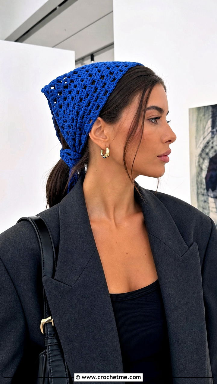 Triangle Granny Stitch Bandana With Oversized Blazer - 25 crochet bandana hair scarf outfit ideas