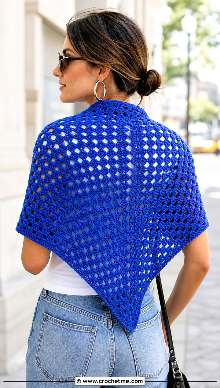 Triangle Granny Stitch Crochet Shawl With Jeans - 15 bright crochet shawl outfit ideas