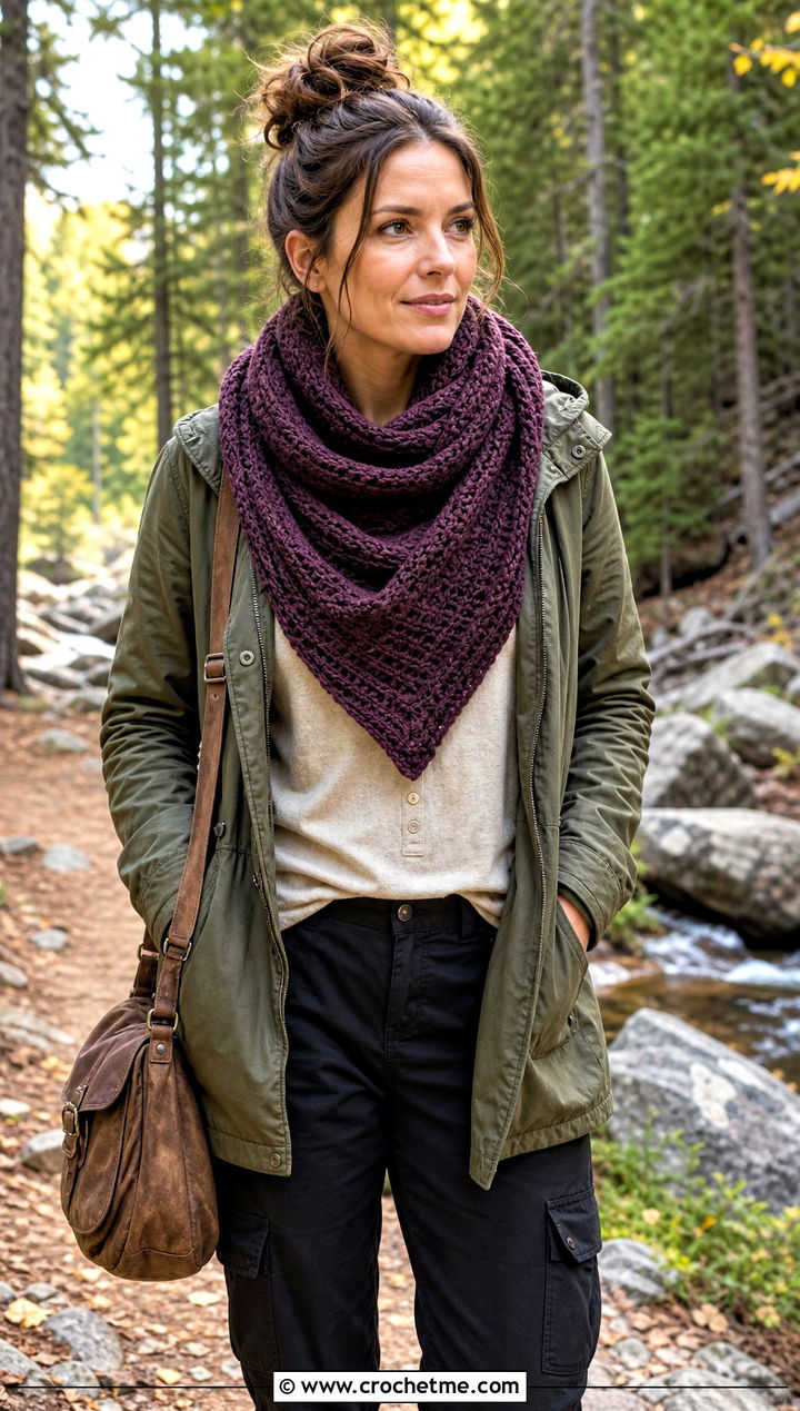 Triangle Half Double Crochet Scarf With Utility Jacket - 20 Half Double Crochet Scarf outfit ideas