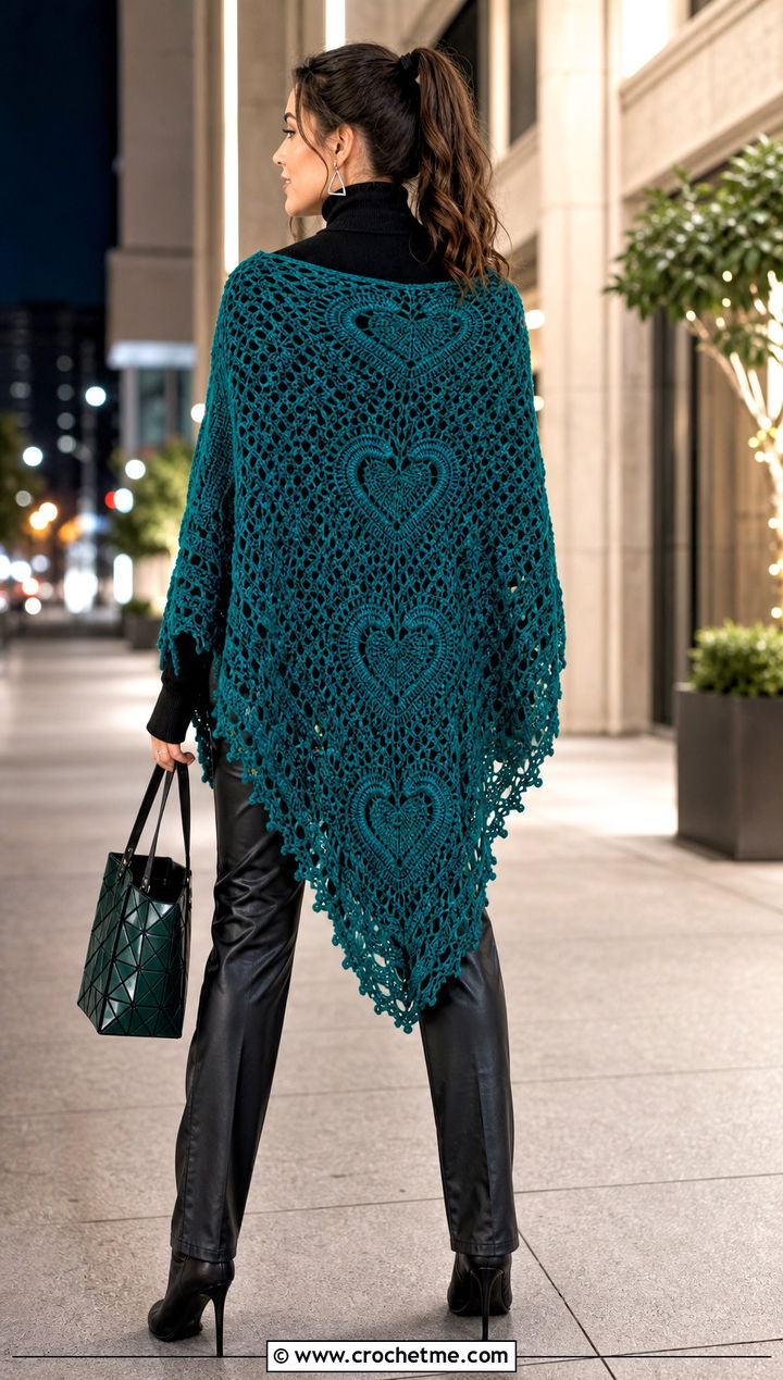 Triangle Heart Motif Crochet Shawl With Leather Pants - 25 Heart Crochet Shawl outfit ideas