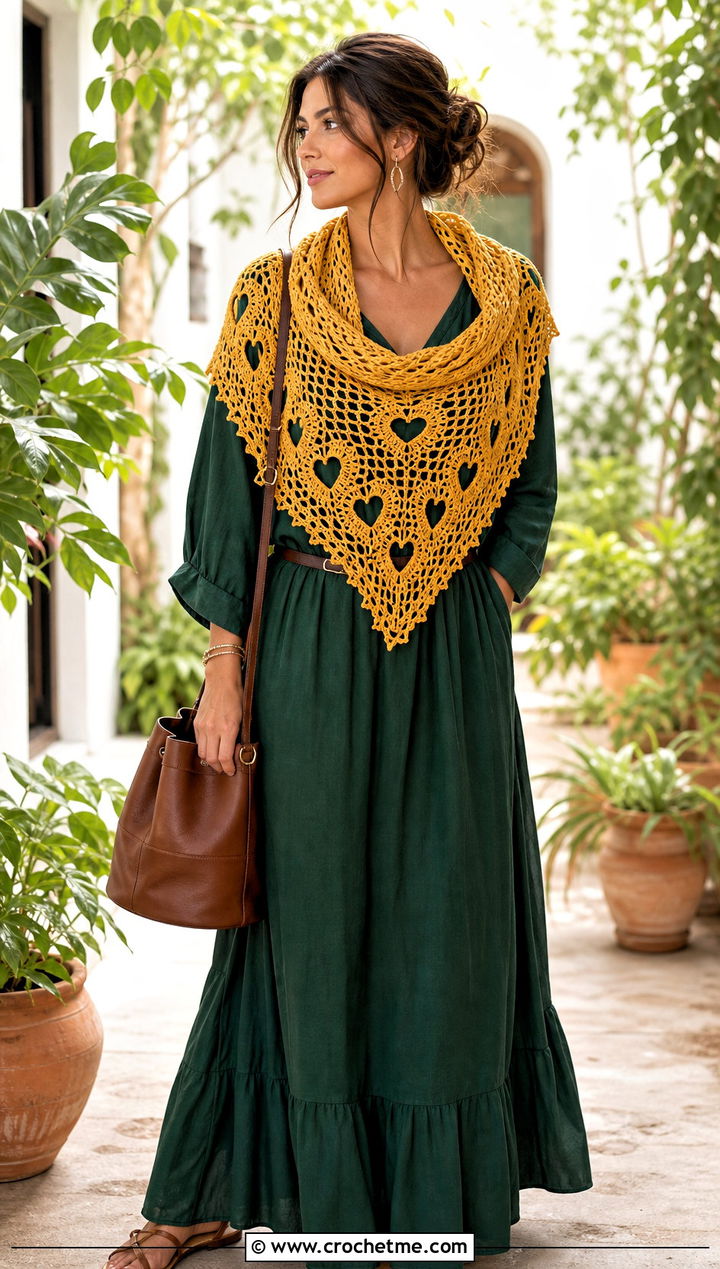 Triangle Heart Shawl Scarf With Maxi Dress - 25 crochet heart scarf outfit ideas