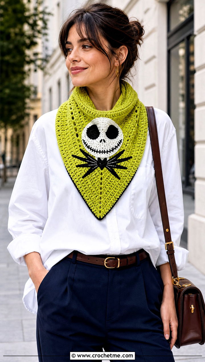 Triangle Jack Skellington Crochet Scarf With Button Down Shirt - 20 Crochet Jack Skellington Scarf outfit ideas