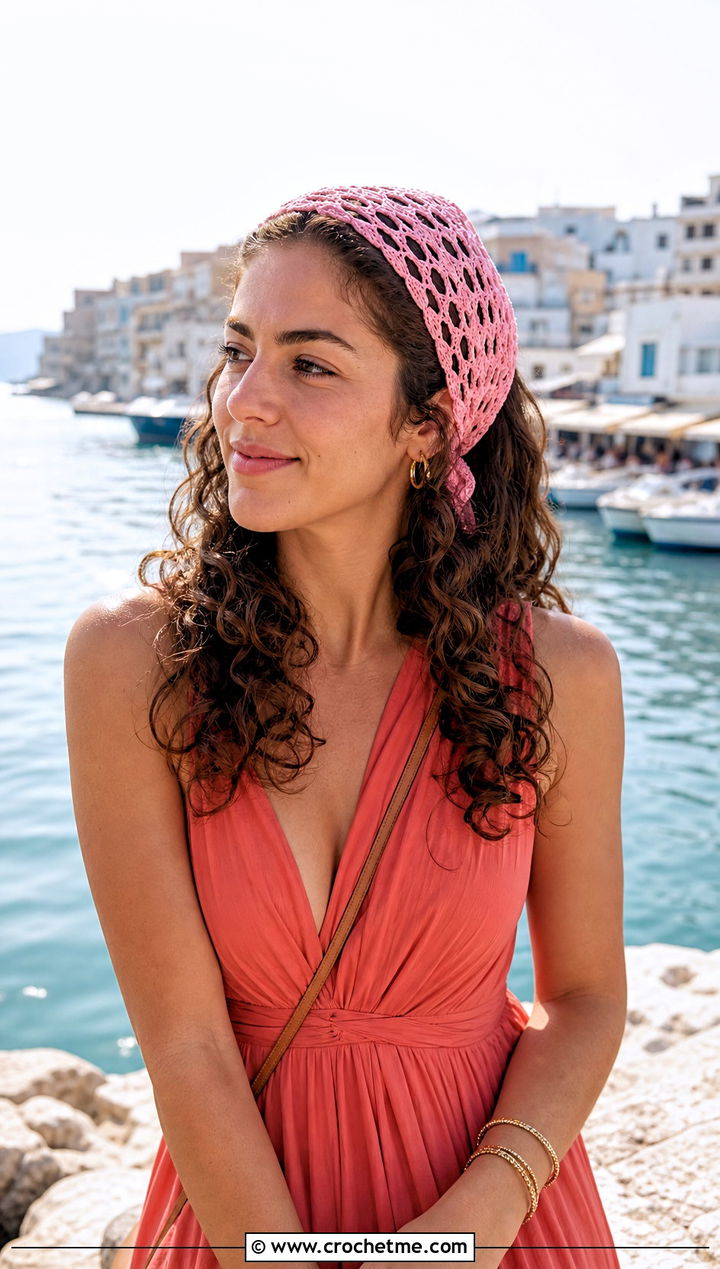 Triangle Kerchief Crochet Hair Headband With Vacation Maxi Dress - 30 crochet hair headband outfit ideas