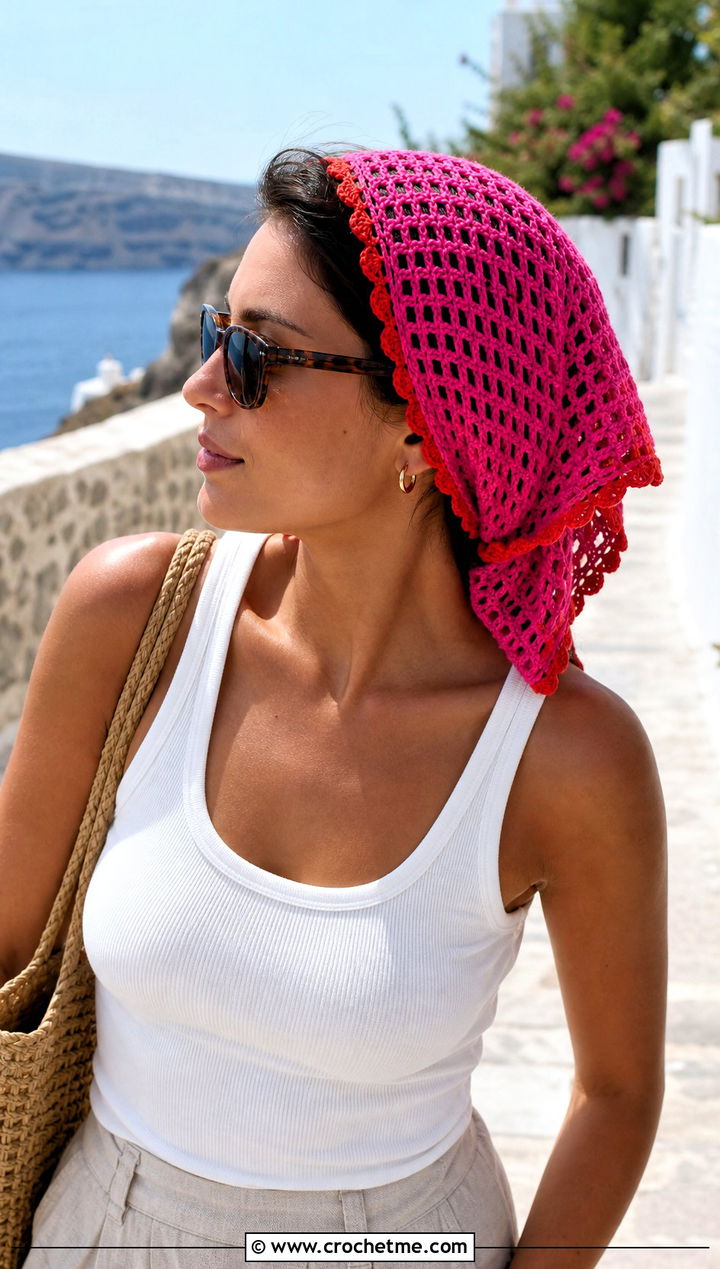 Triangle Kerchief Crochet Mesh Scarf With Tank And Linen Pants - 25 Crochet Mesh Scarf outfit ideas