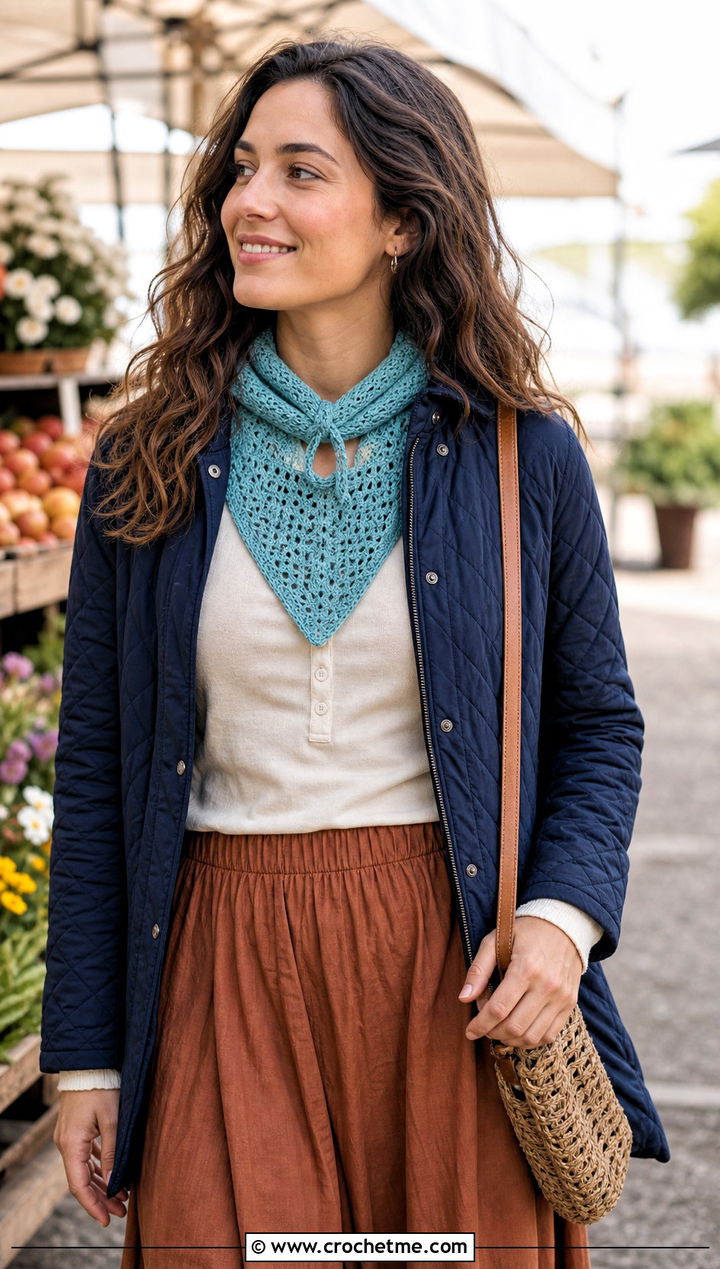 Triangle Keyhole Crochet Scarf With Quilted Jacket - 25 Keyhole Crochet Scarf outfit ideas