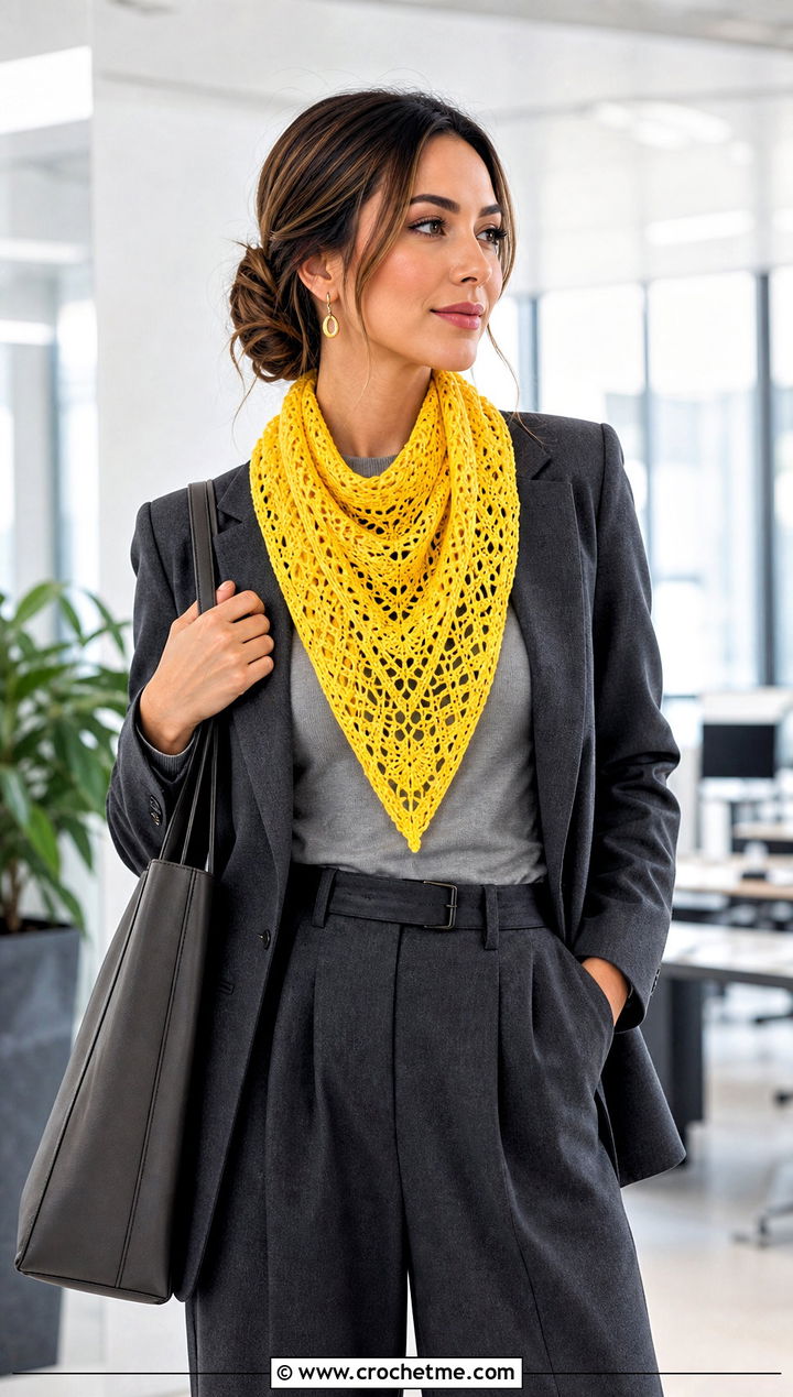 Triangle Lace Crochet Scarf With Blazer And Trousers - 15 Crochet Fancy Scarf outfit ideas