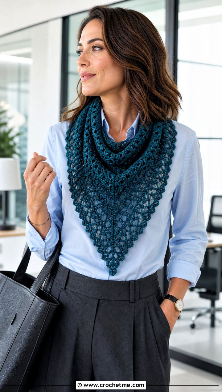Triangle Lace Crochet Scarf With Button Down Shirt And Trousers - 15 Easy Lace Crochet Scarf outfit ideas