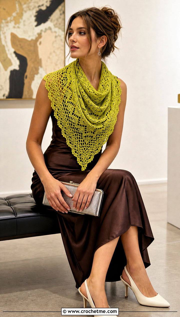 Triangle Lace Crochet Scarf With Satin Midi Dress - 15 Lacy Green Crochet Scarf outfit ideas