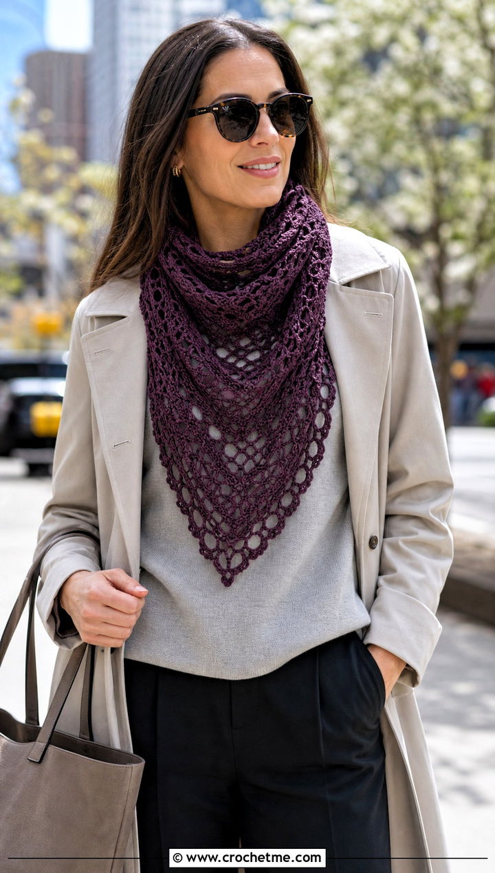 Triangle Lace Crochet Scarf With Trench Coat - 15 Lacy Crochet Scarf outfit ideas