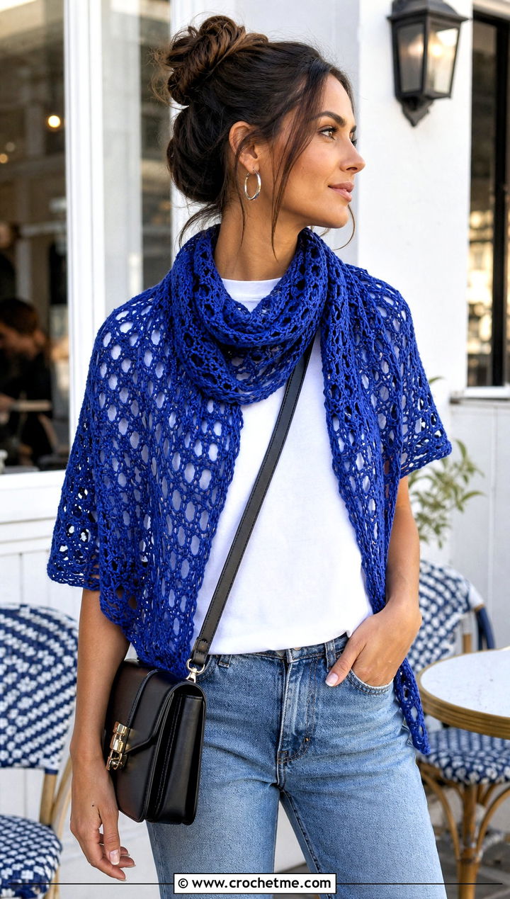 Triangle Lace Shawl With Straight Leg Jeans - 25 Lacey Crochet Shawls outfit ideas