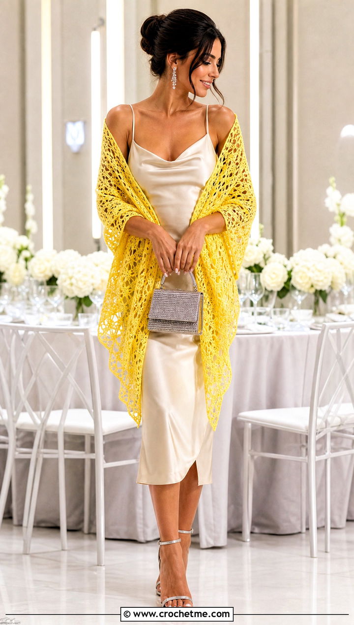 Triangle Lace Wedding Shawl With Satin Slip Dress - 35 crochet wedding shawl outfit ideas