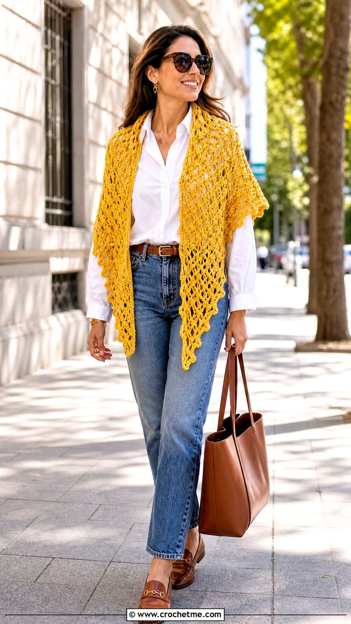 Triangle Lacy Crochet Shawl With White Shirt And Jeans - 35 lacy crochet shawl outfit ideas