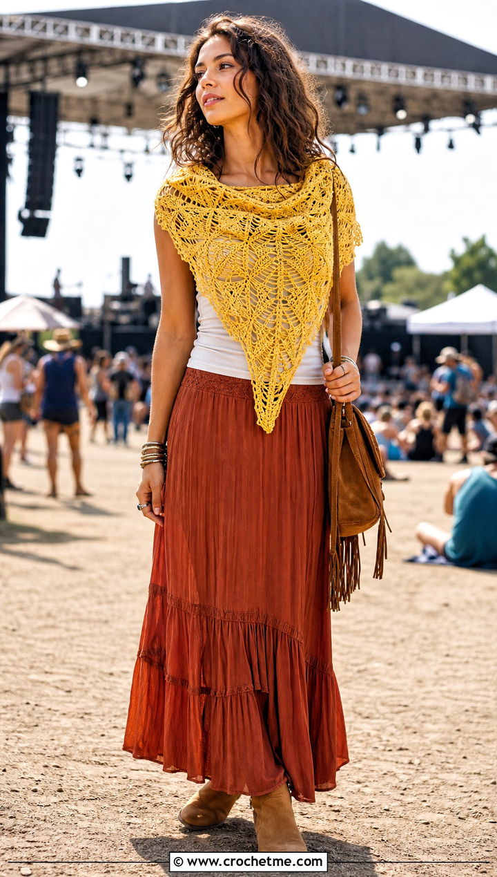 Triangle Leaf Shawl Scarf With Maxi Skirt - 25 crochet leaf scarf outfit ideas