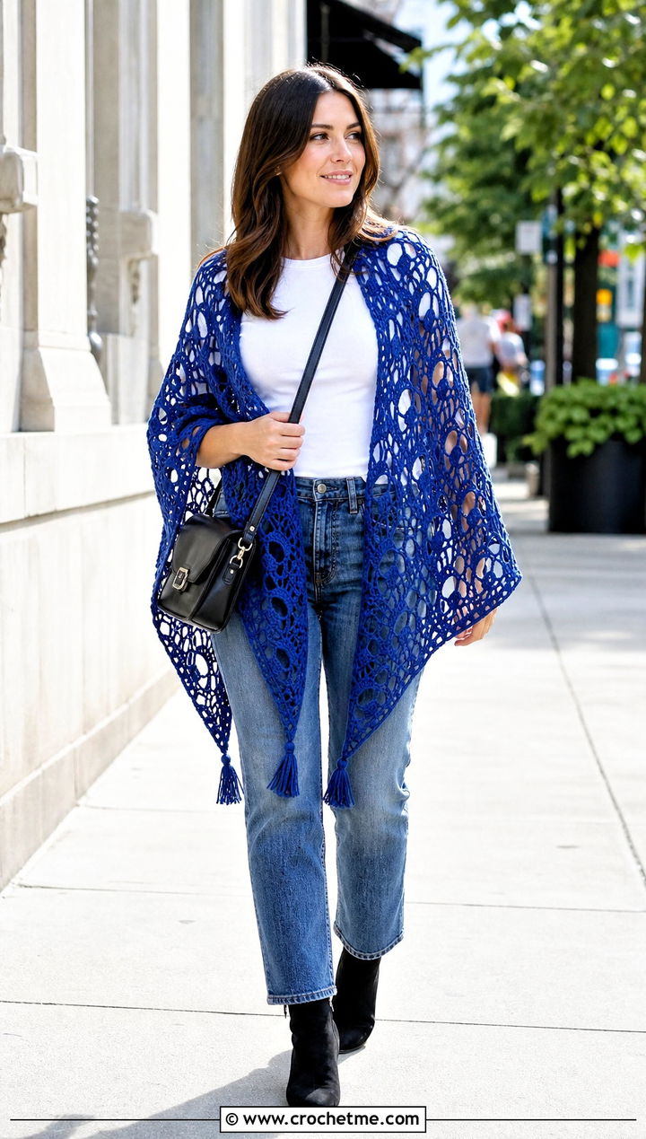 Triangle Lost Souls Shawl With Straight Leg Jeans - 35 crochet lost souls shawl outfit ideas