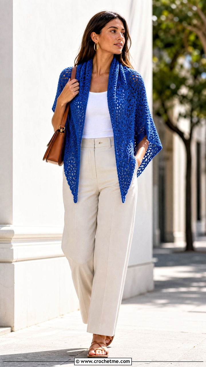 Triangle Mesh Crochet Lace Scarf With Tank Top And Trousers - 35 crochet lace scarf outfit ideas
