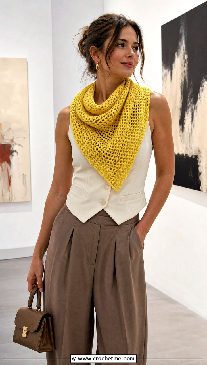Triangle Mesh Crochet Scarf With Vest And Trousers - 25 Mesh Crochet Scarf outfit ideas
