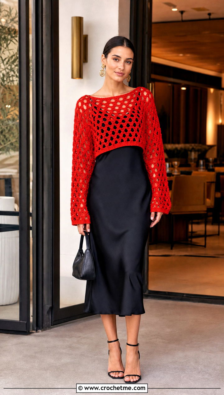 Triangle Mesh Crochet Sweater With Slip Dress - 15 triangle crochet sweater outfit ideas