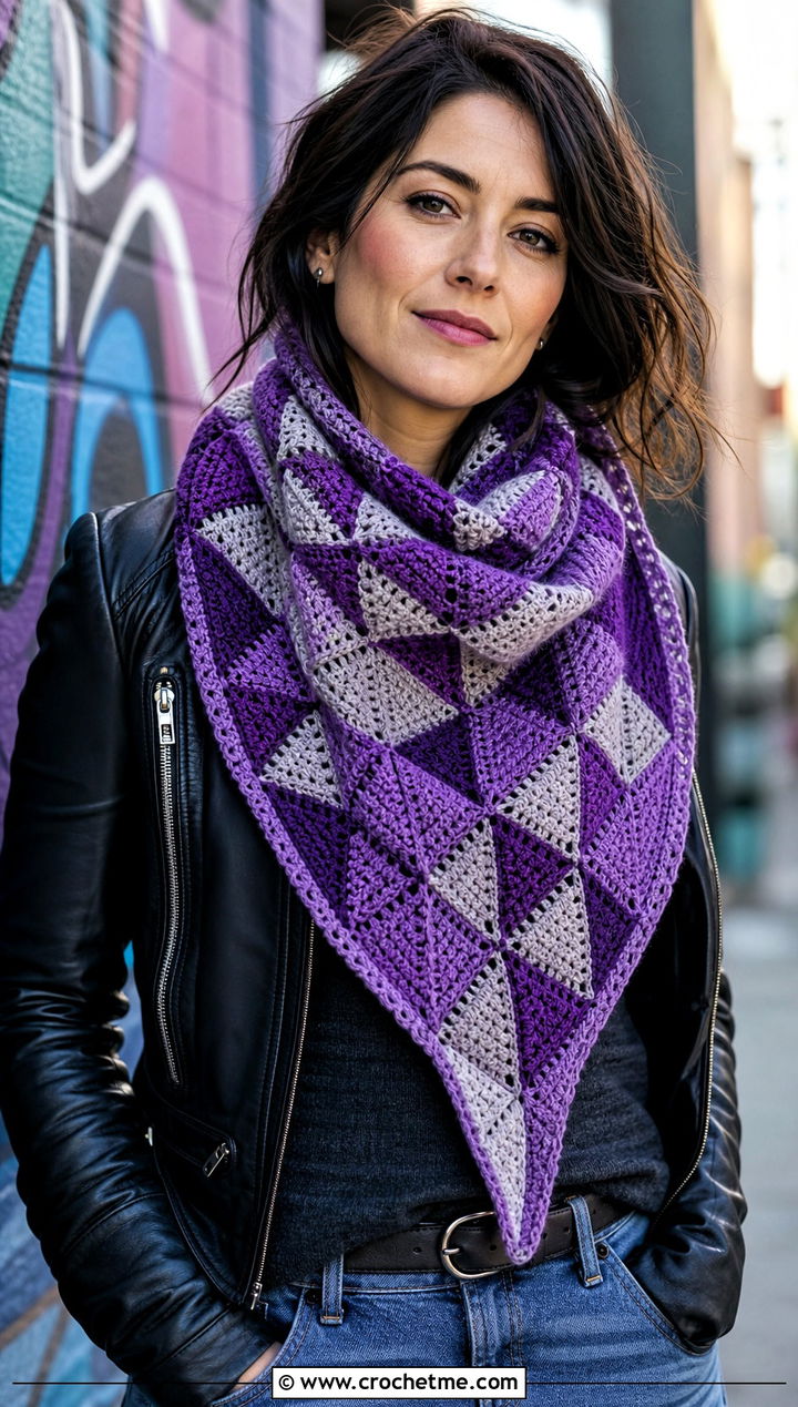 Triangle Mosaic Crochet Scarf With Leather Jacket - 25 Mosaic Crochet Scarf outfit ideas