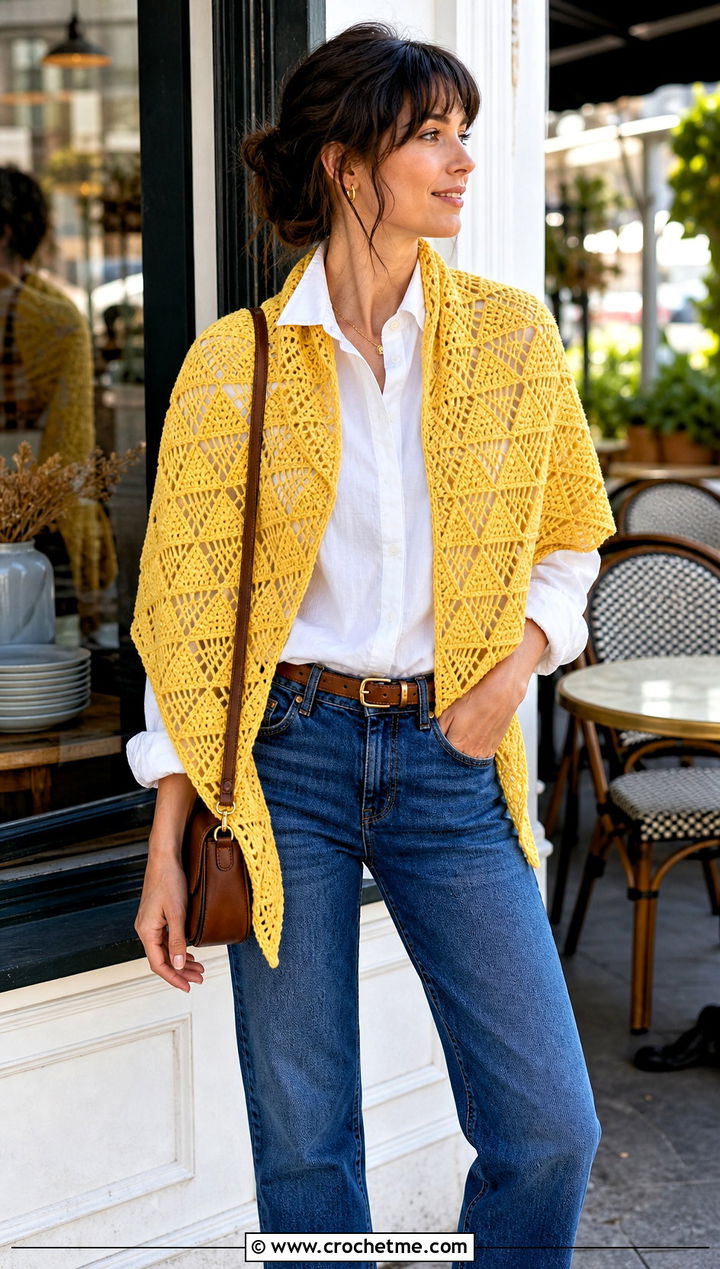 Triangle Mosaic Crochet Shawl With White Shirt And Jeans - 30 mosaic crochet shawl outfit ideas