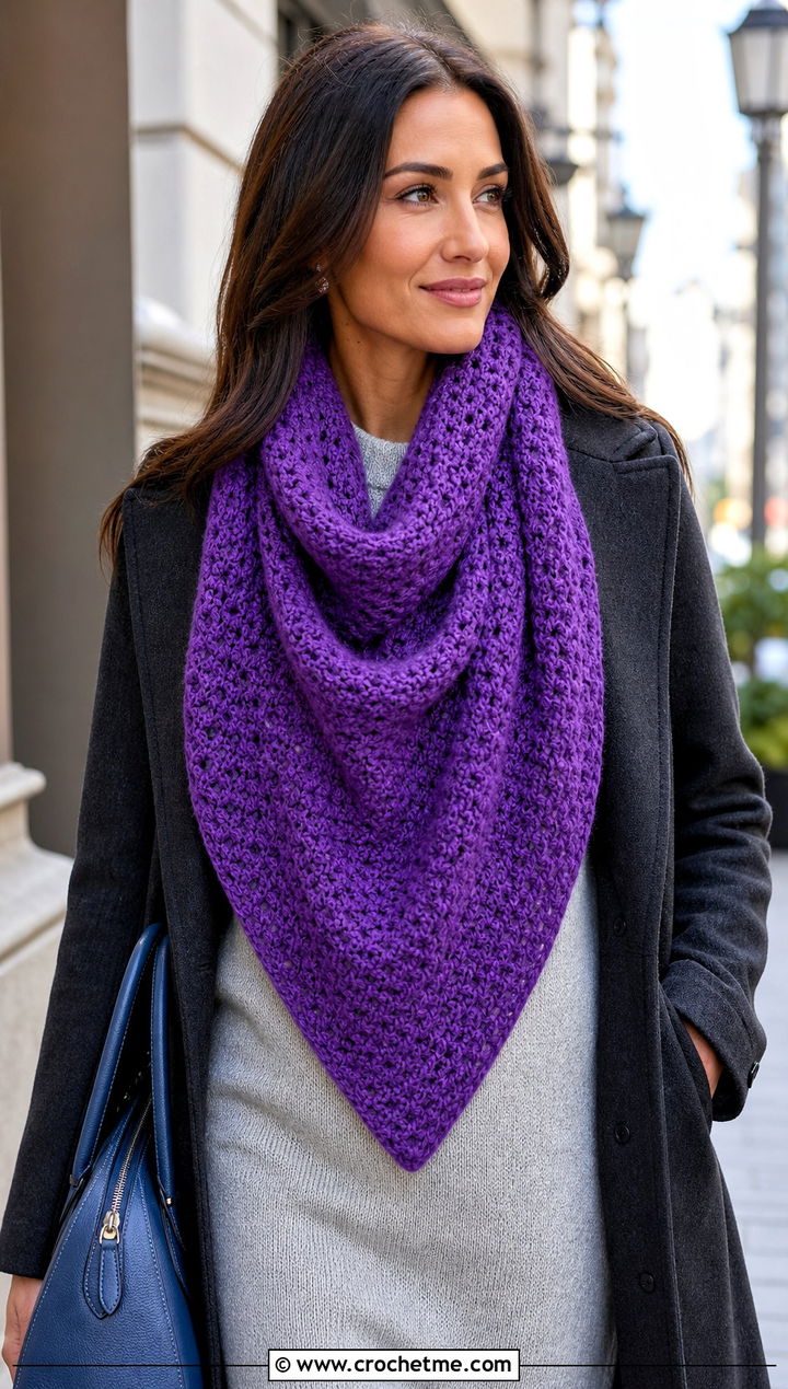 Triangle Moss Stitch Crochet Scarf With Sweater Dress - 25 Moss Stitch Crochet Scarf outfit ideas