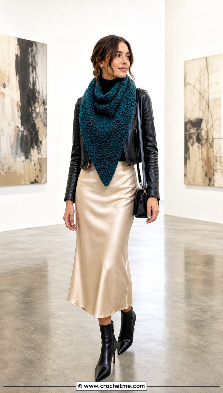 Triangle Moss Stitch Scarf With Leather Jacket And Slip Skirt - 35 crochet moss stitch scarf outfit ideas