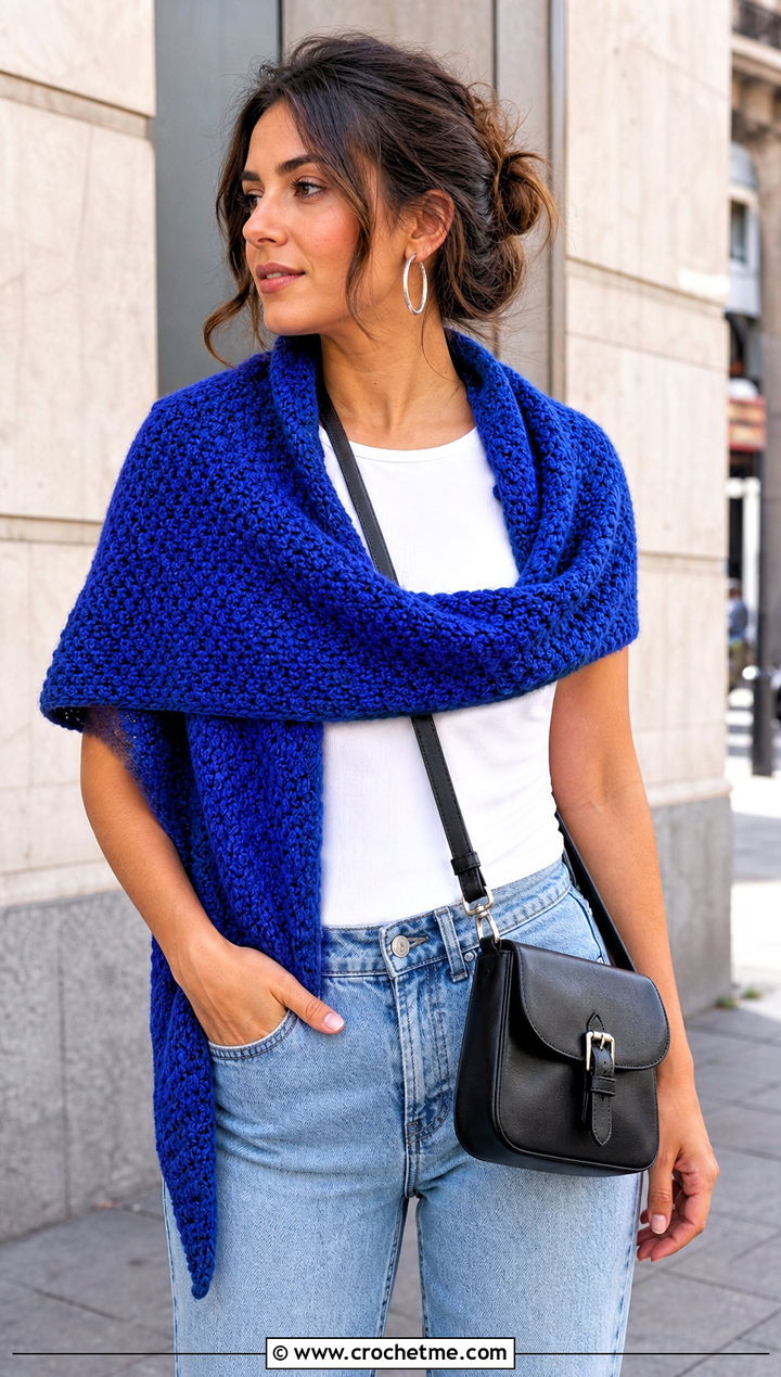 Triangle Moss Stitch Shawl With Straight Leg Jeans - 25 Crochet Moss Stitch Shawl outfit ideas