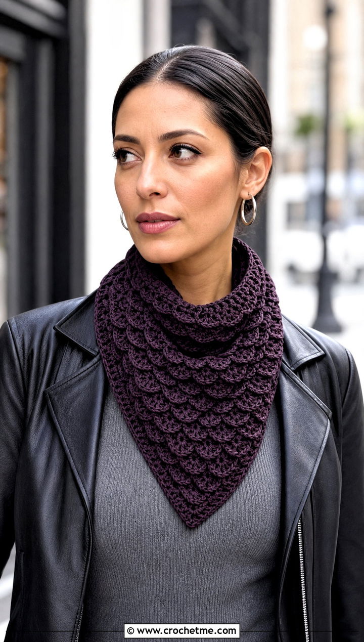 Triangle Natsu Scarf With Leather Jacket and Black Jeans - 15 Crochet Natsu Scarf outfit ideas