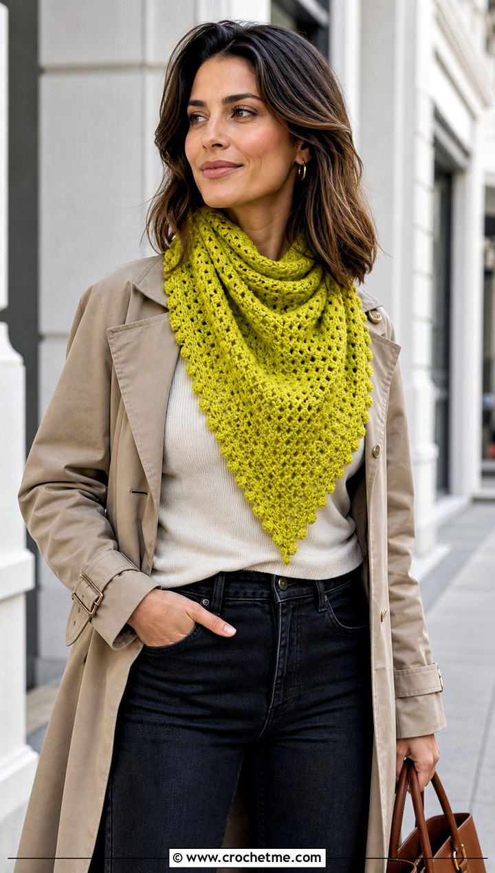 Triangle One Ball Crochet Scarf With Trench Coat - 15 one ball crochet scarf outfit ideas