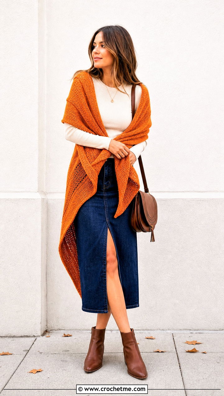 Triangle Outlander Shawl With Denim Skirt - 35 crochet outlander shawl outfit ideas