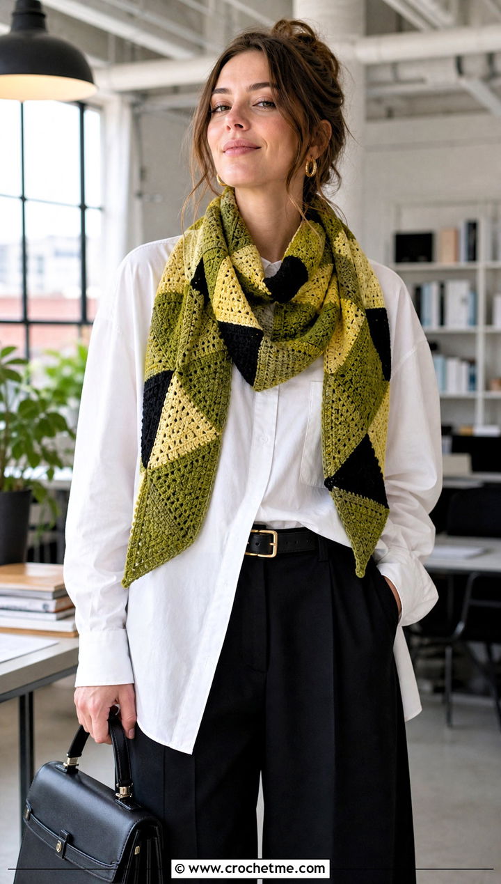 Triangle Patchwork Crochet Scarf With White Shirt and Wide Leg Pants - 15 Patchwork Crochet Scarf outfit ideas