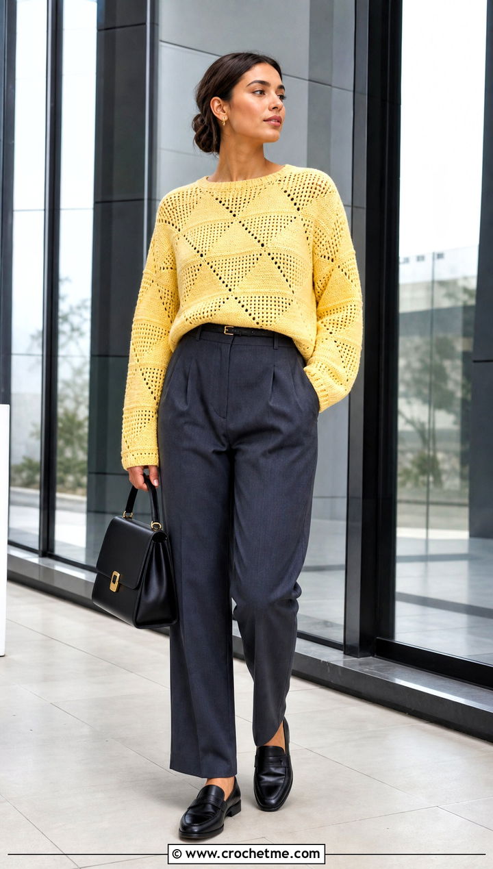 Triangle Patchwork Crochet Sweater With Tailored Trousers - 15 triangle crochet sweater outfit ideas