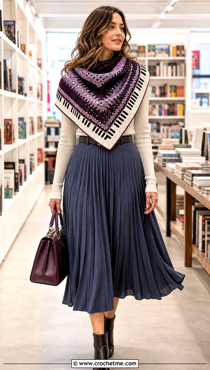 Triangle Piano Shawl Scarf With Midi Skirt - 35 crochet piano scarf outfit ideas