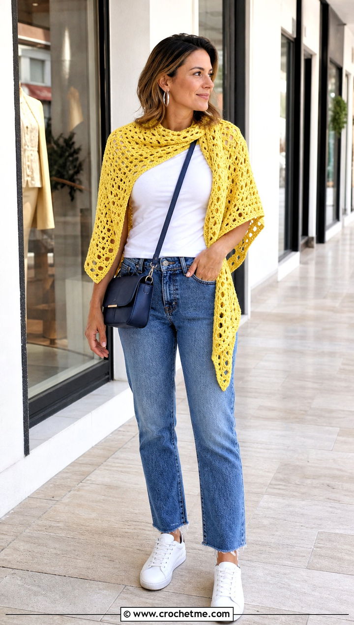 Triangle Pineapple Crochet Shawl With Straight Leg Jeans - 25 pineapple crochet shawl outfit ideas