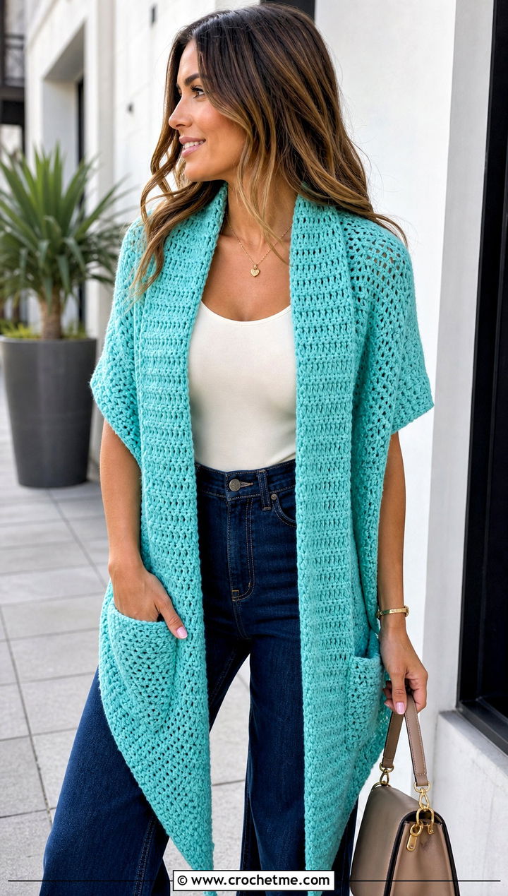 Triangle Pocket Shawl Scarf With Wide Leg Jeans - 25 crochet pocket scarves outfit ideas