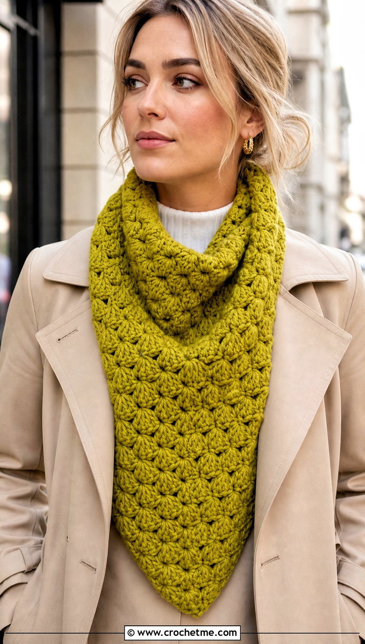Triangle Puff Stitch Scarf With Trench Coat And Jeans - 15 Playful Puffs Crochet Scarf outfit ideas