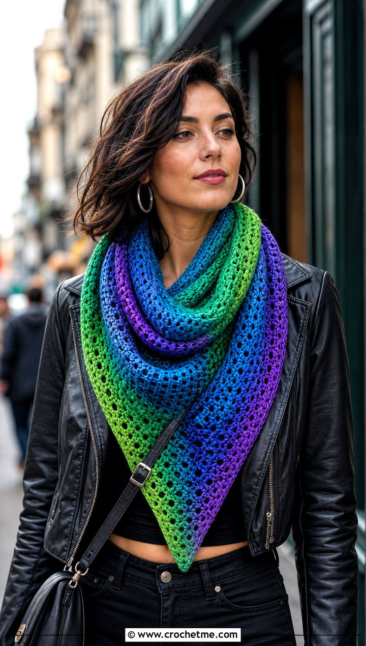 Triangle Rainbow Scarf With Leather Jacket And Black Jeans - 15 Crochet Rainbow Scarf outfit ideas