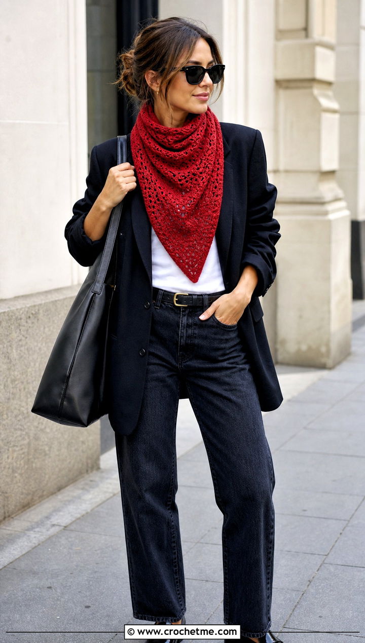 Triangle Ripple Stitch Crochet Scarf With Blazer And Jeans - 15 ripple stitch crochet scarf outfit ideas