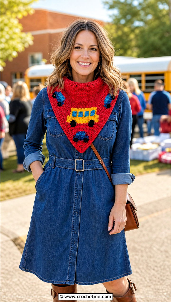 Triangle School Bus Scarf With Denim Midi Dress - 25 Crochet School Bus Scarf outfit ideas