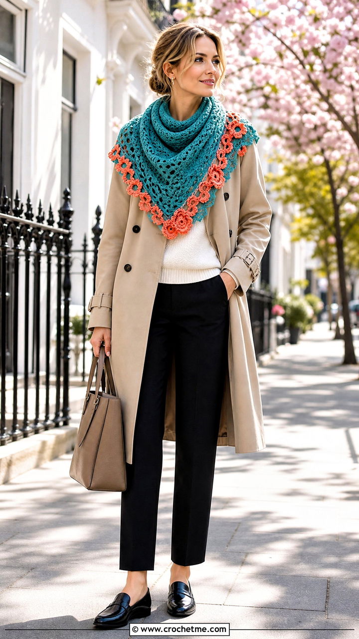 Triangle Shawl Crochet Flower Scarf With Trench Coat And Loafers - 35 crochet flower scarf outfit ideas