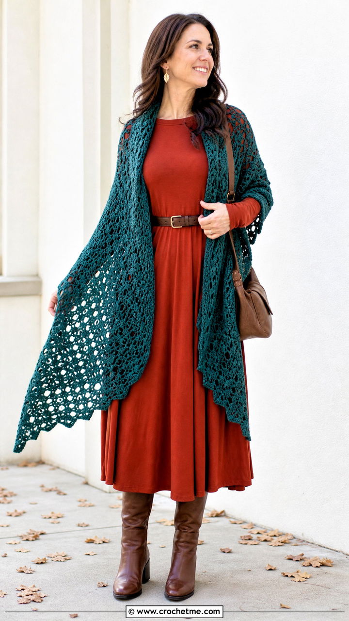Triangle Shawl Crochet Lace Scarf With Maxi Dress And Boots - 35 crochet lace scarf outfit ideas