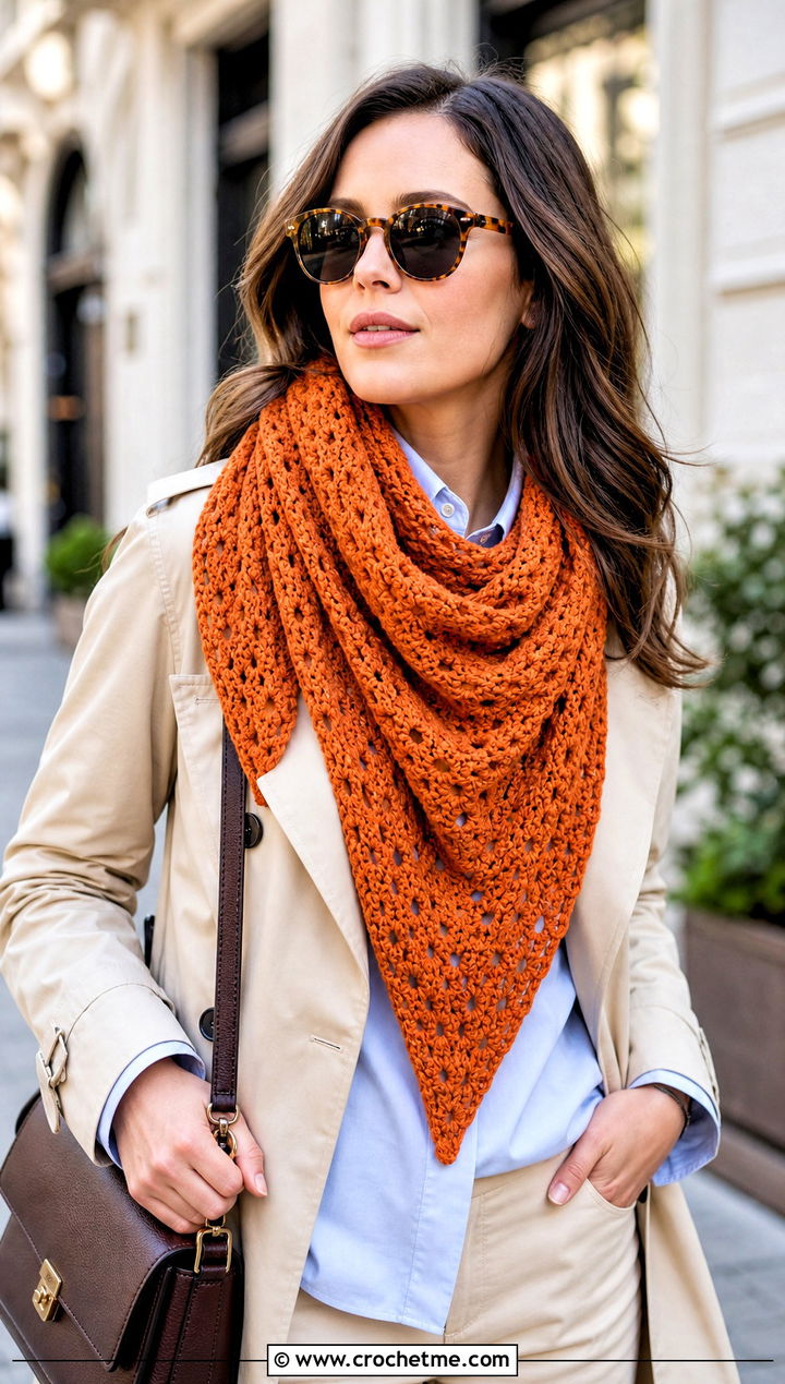 Triangle Shawl Crochet Scarf With Trench Coat And Loafers - 15 Vibrant Crochet Scarf outfit ideas