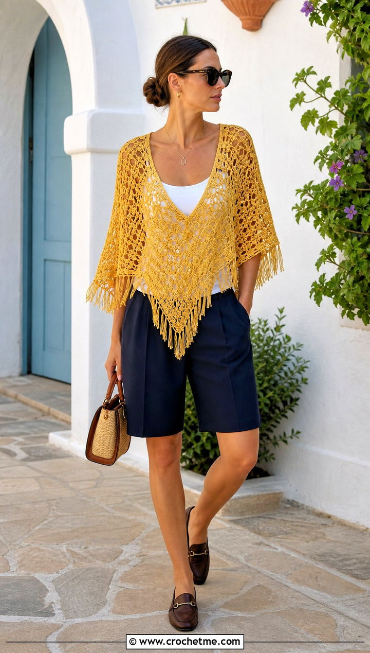Triangle Shawl Crochet Sweater With Tailored Shorts - 15 triangle crochet sweater outfit ideas