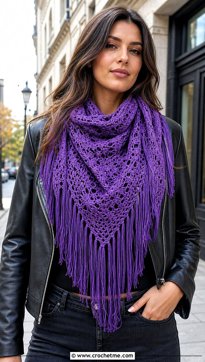 Triangle Shawl Fringe Scarf With Leather Jacket - 25 Crochet Scarf Fringe Ideas