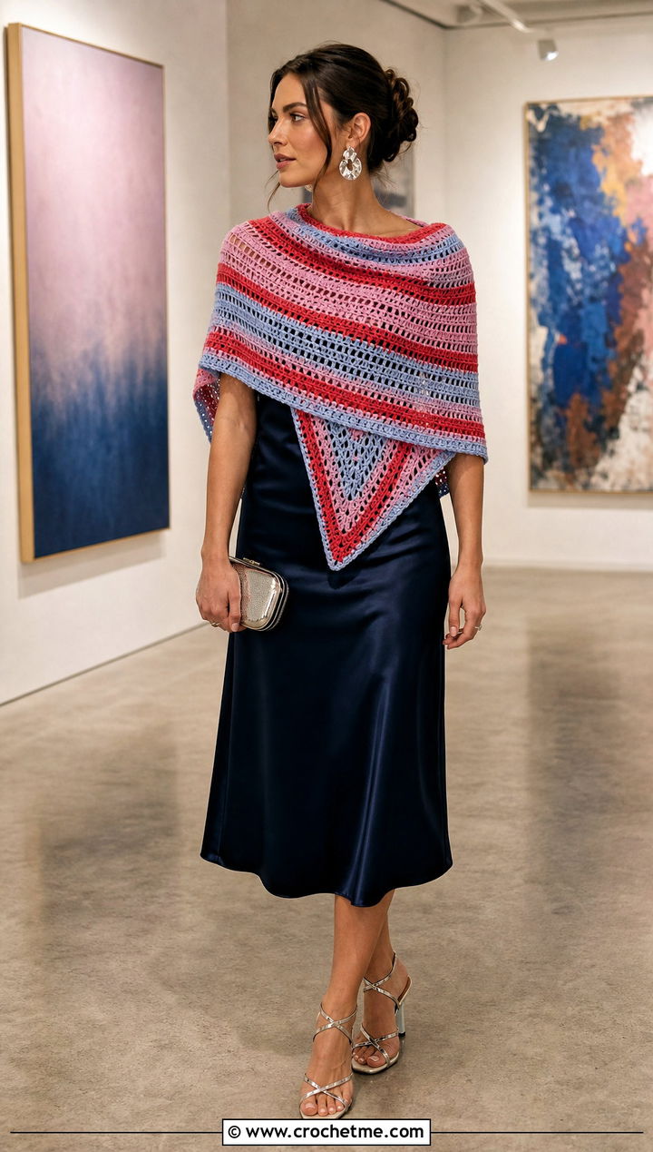 Triangle Shawl Wrap With Satin Slip Dress - 15 Colorful Striped Crochet Wrap outfit ideas