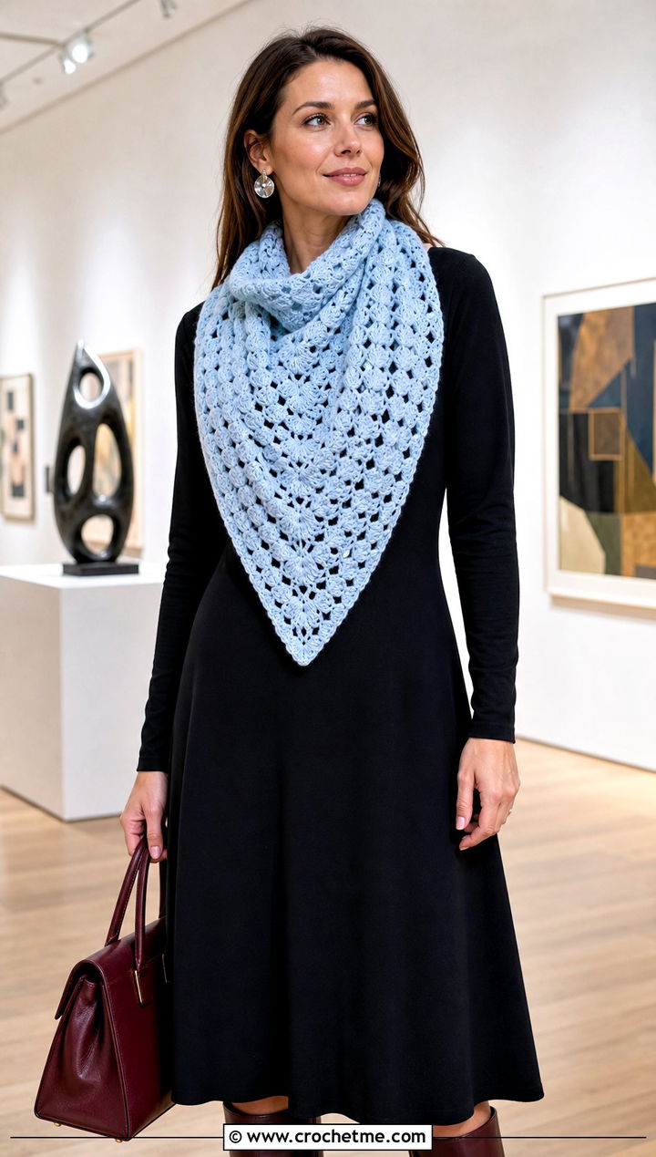 Triangle Shell Crochet Scarf With Midi Dress - 20 Shell Crochet Scarf outfit ideas