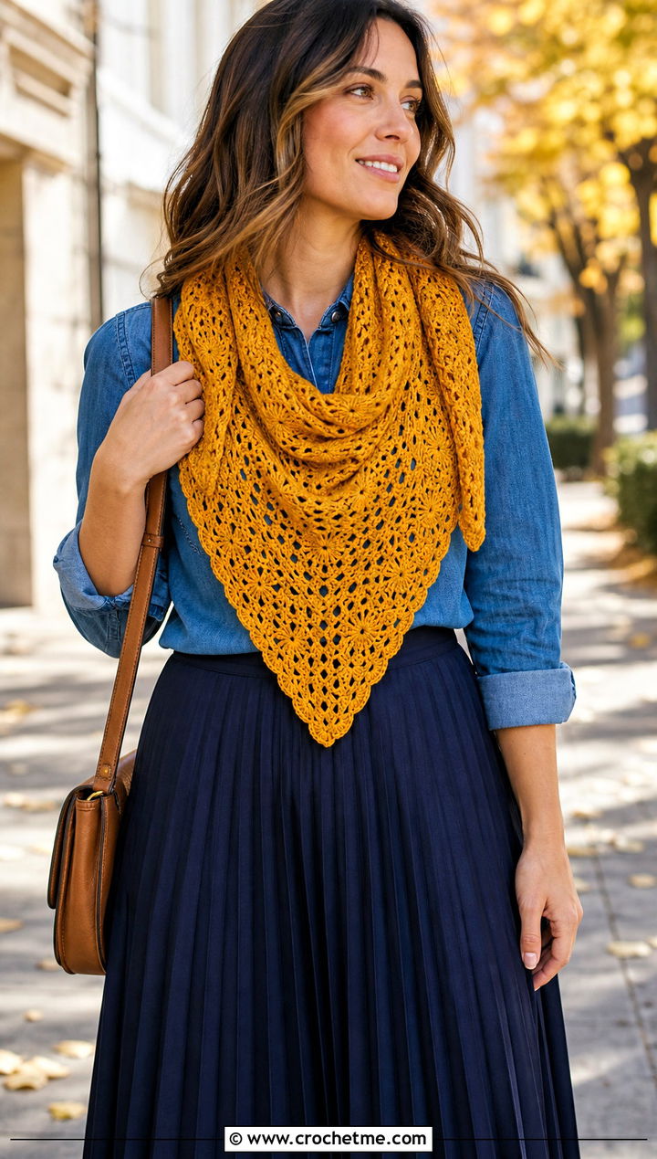 Triangle Shell Scarf With Denim Shirt And Midi Skirt - 25 crochet shell scarf outfit ideas