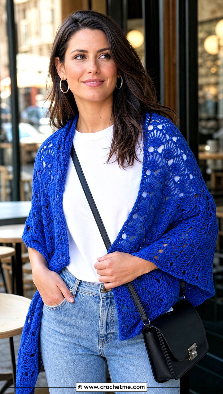 Triangle Shell Stitch Shawl With Straight Leg Jeans - 20 Crochet Shell Shawl outfit ideas