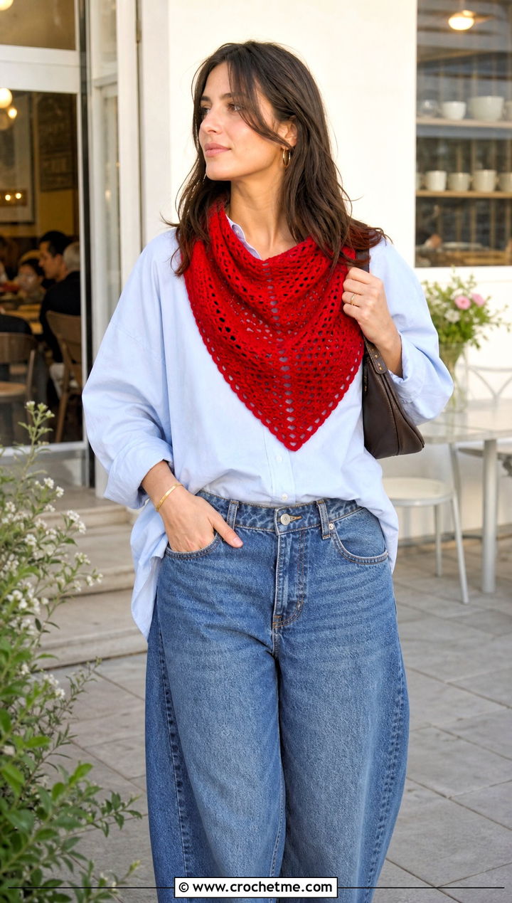 Triangle Single Crochet Scarf With Button Down Shirt And Barrel Jeans - 25 Single Crochet Scarf outfit ideas